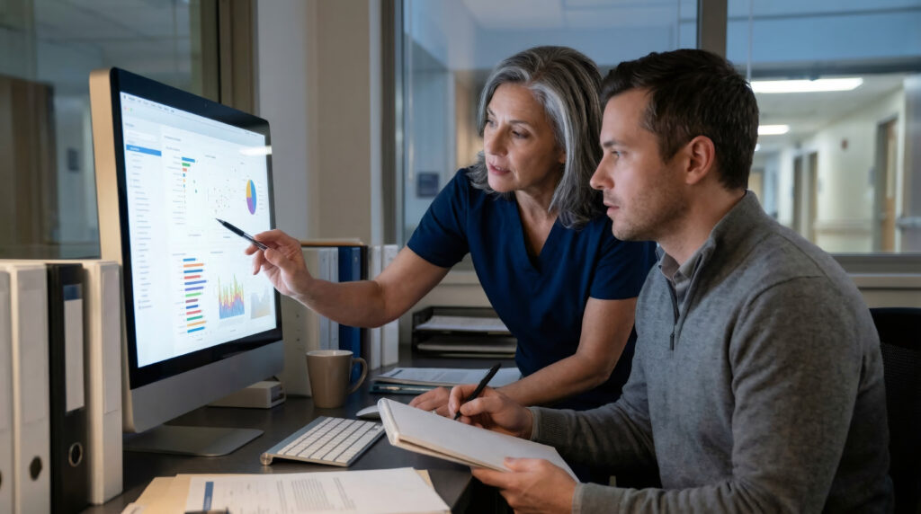 Clinical team reviewing quality performance data on a screen