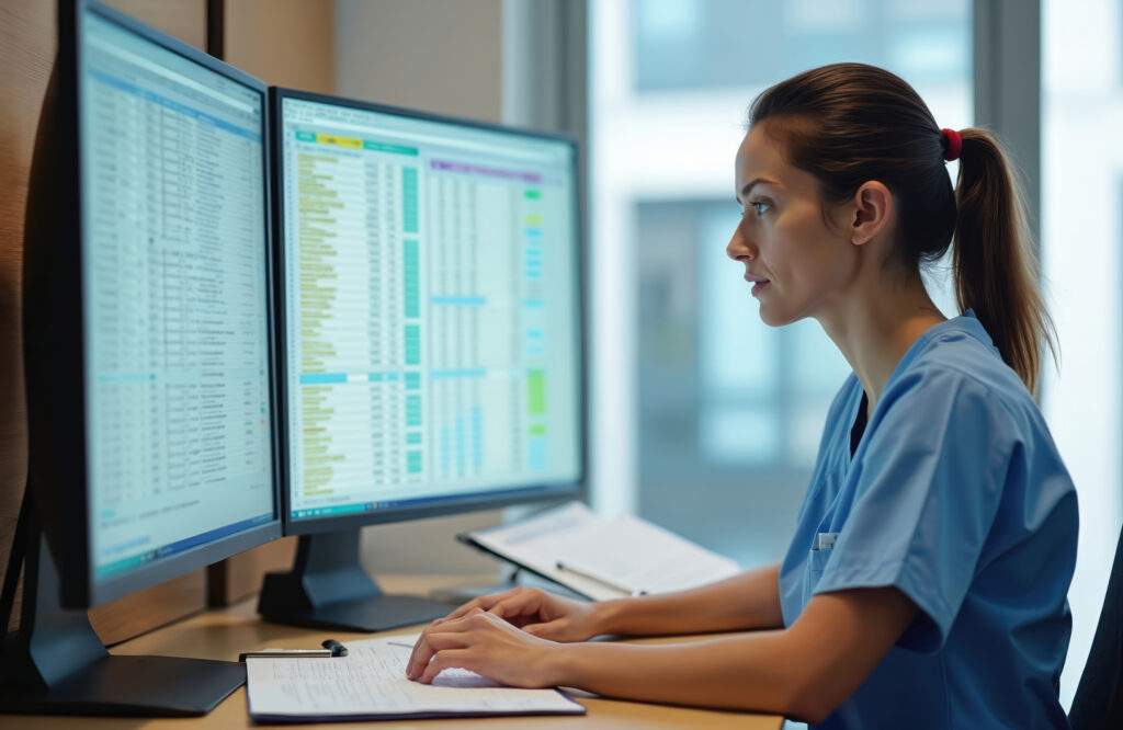 Billing specialist reviewing surgery center claims on a computer