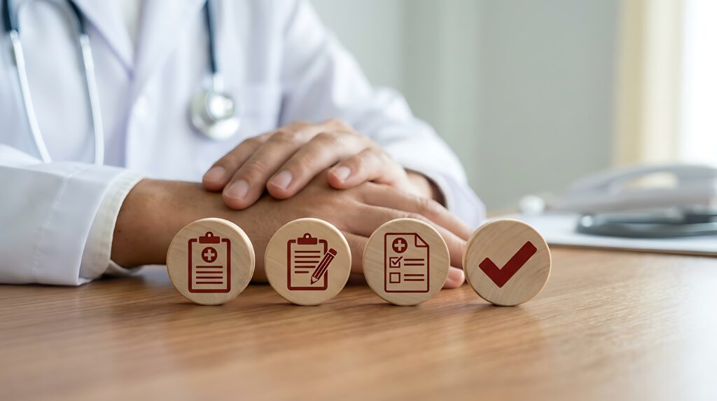 Quality and accreditation documents on a surgery center administrator's desk