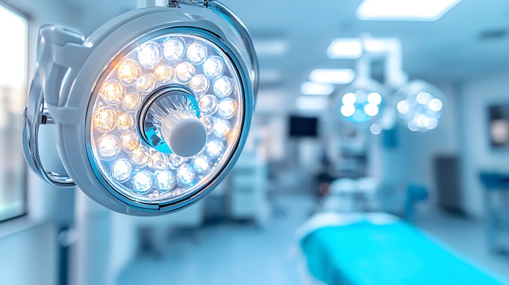 Bright, modern ambulatory surgery center operating room with surgical lights and equipment